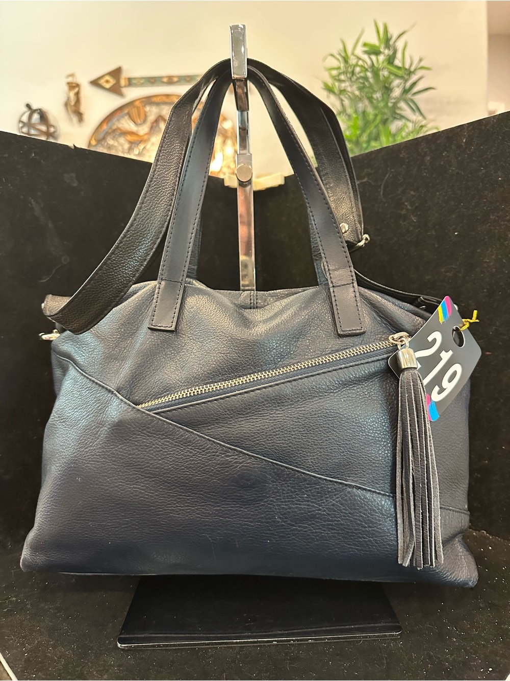 Gianna Conti #219 Navy Leather Slouchy Shoulder Bag with Tassel